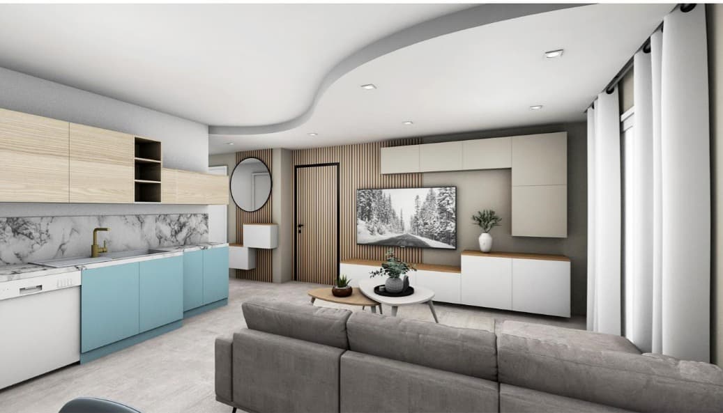 Projection 3D d’un séjour avec cuisine ouverte bleu turquoise, faux plafond à découpe courbe avec spots et mur en tasseaux bois